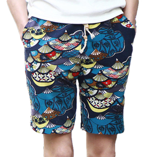 Navy Blue Tropical Multicolor Floral Drawstring Shorts-PILAEO